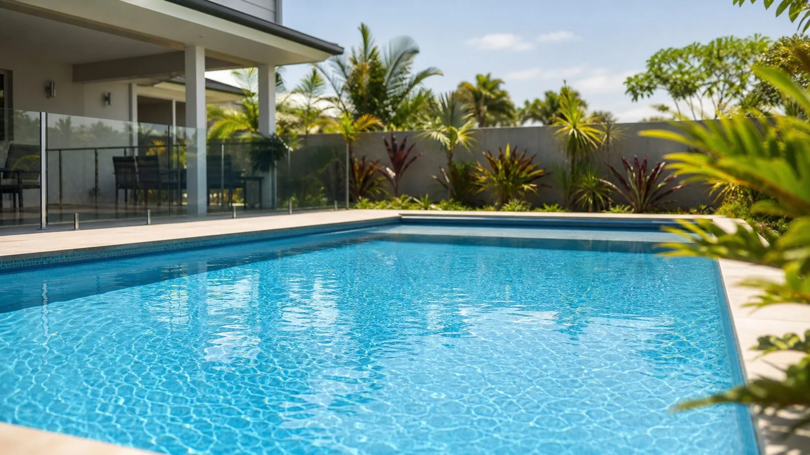 Clear backyard pool with a tiled waterline and surrounding paving